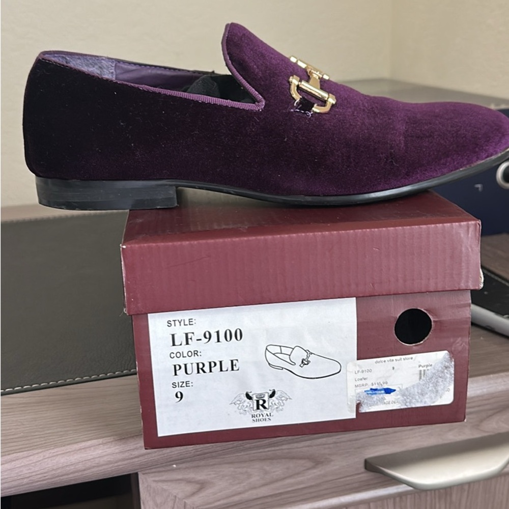 Purple Velvet Men's Slip-On Loafers with Gold Bit